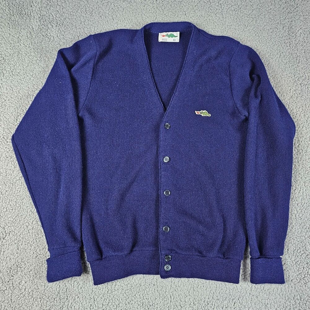 Vintage Sears Cardigan Sweater Mens Medium Blue 70s Dragon Knit Grandpa Academia